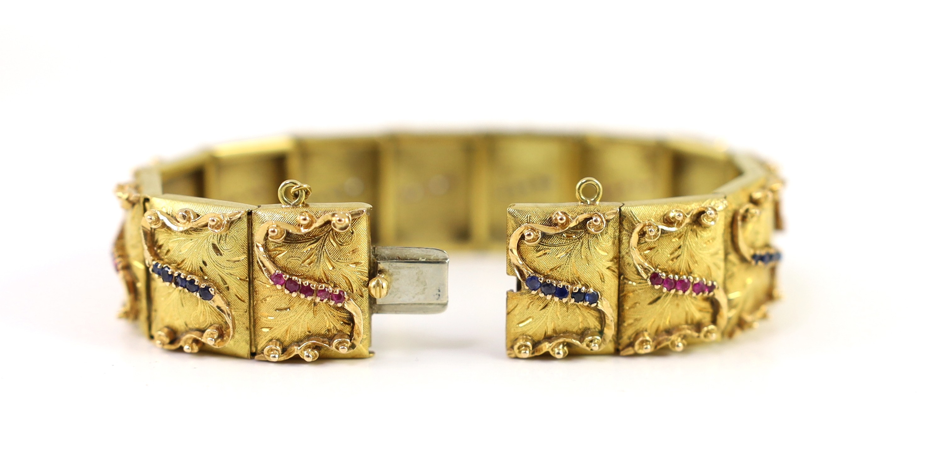 A mid 20th century Italian 18k gold and graduated ruby and sapphire set bracelet by Vendorafa